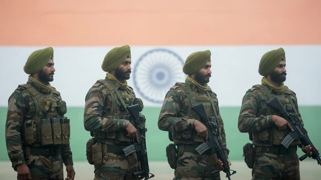 Sikh Soldiers in Camouflage Uniform with Rifles Standing Before Indian Flag