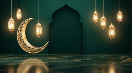 Elegant ramadan kareem greeting card background with golden crescent moon and hanging lanterns background