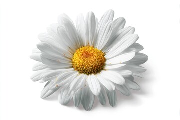 White daisy flower with yellow center isolated on white background close up. Fresh natural blossom with soft petals and detailed texture for spring or summer concept.
