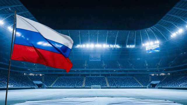 Russian national flag waving in empty football stadium at night for sports event