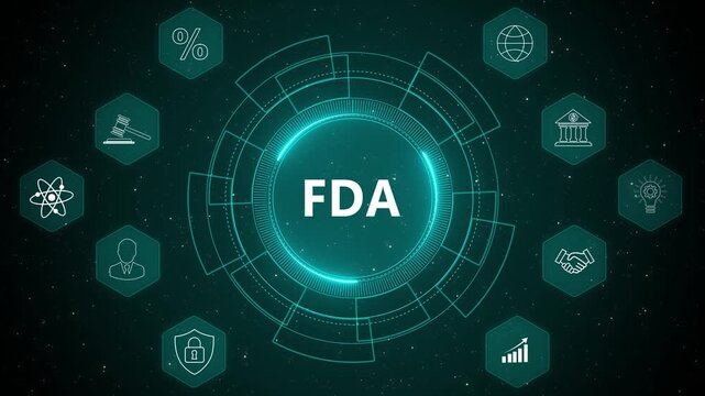 FDA Compliance Regulation Concept Futuristic Digital Healthcare Technology Interface with Medical Data Network HUD System 4K black background visuals