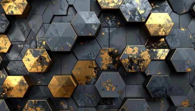 Abstract geometric hexagon pattern with luxurious gold and dark textured elements.