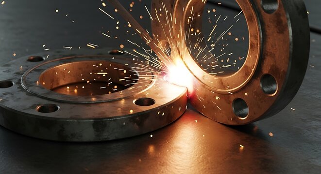 Metal flanges are welded together creating bright sparks and light.