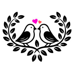 Love Birds Laurel Wreath Silhouette with Pink Hearts