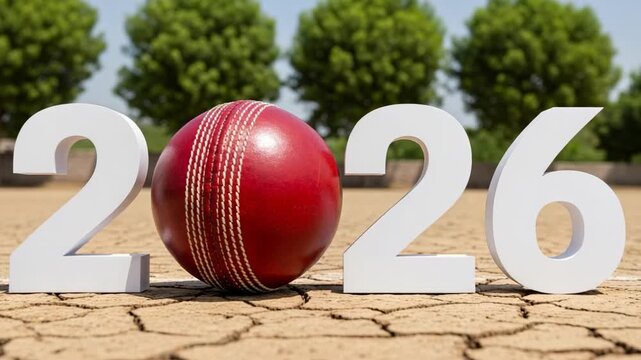 Red cricket ball with white 2026 numbers on dry ground for future sports tournament concept