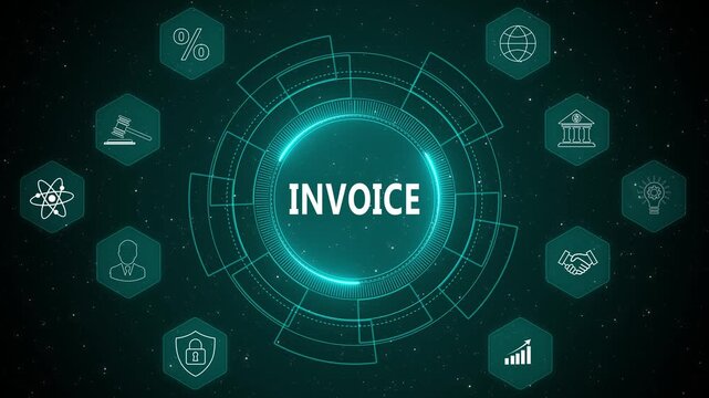 Digital Invoice Management System Futuristic Financial Technology Interface with Business Payment Processing HUD Visualization 4K black background visuals