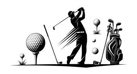 Male golf player swinging club hitting ball with golf bag on isolated white background. © ZAENAL