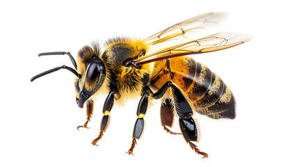 Macro honey bee flying with detailed wings isolated on transparent background