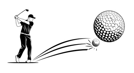 Black and white illustration of a golfer in mid-swing, hitting a golf ball with a club, showing the ball's trajectory. © ZAENAL