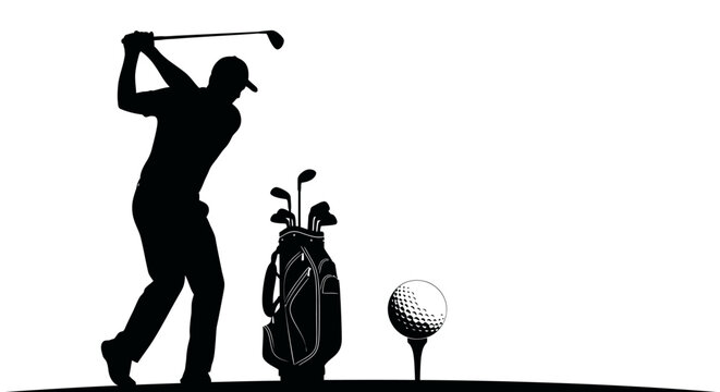 A silhouette illustration of a golfer swinging a club with a golf bag and ball on a tee.