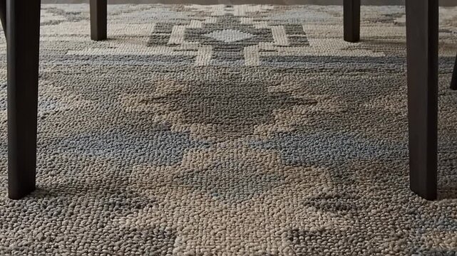 Close-up of Textured Geometric Aztec Pattern Area Rug in Neutral Tones with Furniture Legs