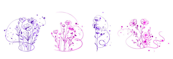 Minimal Wildflower Line Drawing with Soft Pink Botanical Ink Splashes. Modern minimal floral line drawing with ink splashes, elegant botanical composition for design projects.