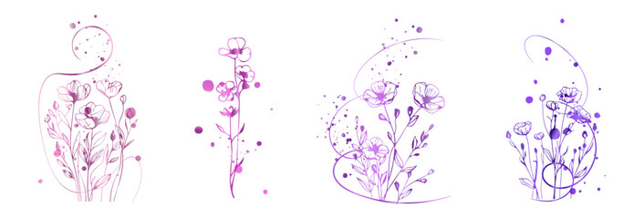 Gold Botanical Line Art Wildflowers with Soft Lavender Watercolor Background. Elegant golden botanical line art wildflowers over soft watercolor splash, refined floral decorative design.