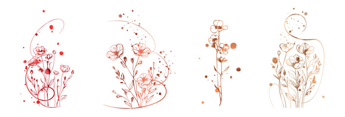 Violet Botanical Line Art Wildflowers with Decorative Ink Splash Elements. Elegant violet floral line drawing with ink splashes, modern botanical illustration for stylish designs.