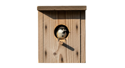 Adorable chickadee in a wooden birdhouse isolated PNG, cute bird peeking out of a birdhouse on transparent background © Aliona