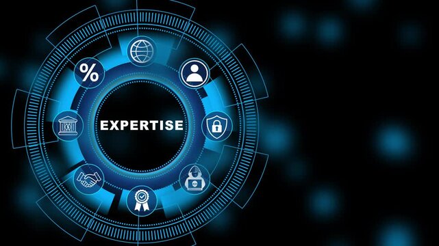 Digital Expertise Technology Animation with Circular HUD Interface Showing Professional Competency and Business Intelligence System 4K black background visuals