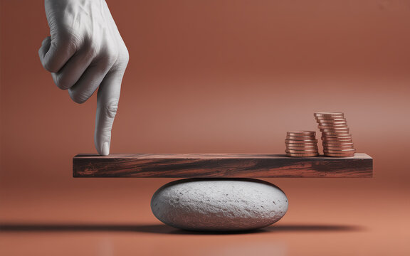 Finger pressing wooden seesaw to lift coins for financial leverage concept