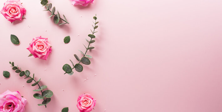 Happy Mother's day and Women's Day decoration concept made from flower on pastel background.