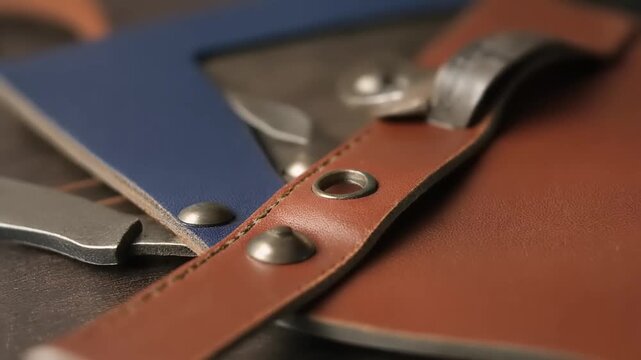 Close-up of a skilled artisan using a sewing machine to stitch leather straps for a handmade product.
