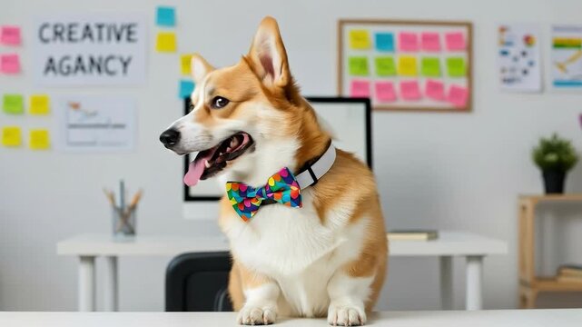 Happy Corgi dog as office mascot in a creative agency wearing a colorful bow tie