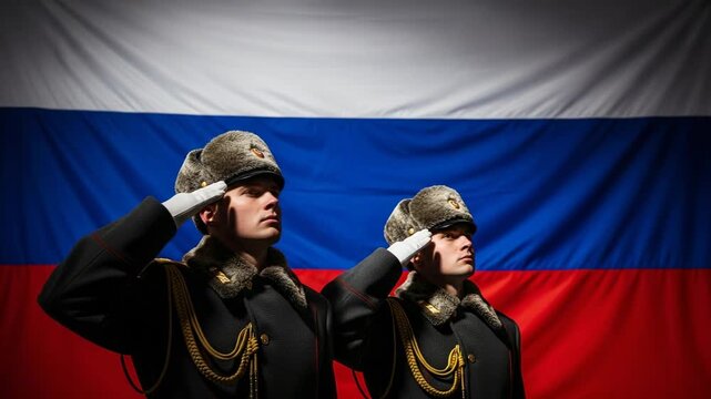 Young Russian military honor guard men in ushanka hats saluting before the national flag
