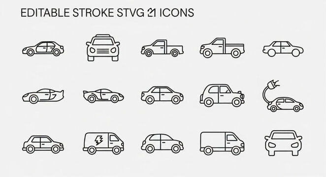 Collection of editable stroke vector icons representing various types of cars and vehicles.