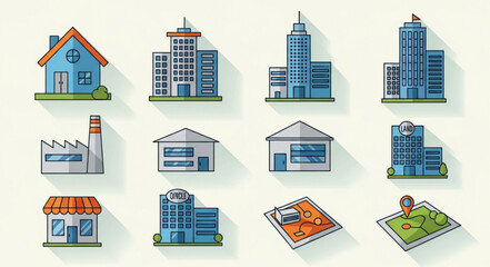 Collection of diverse building icons representing different structures.