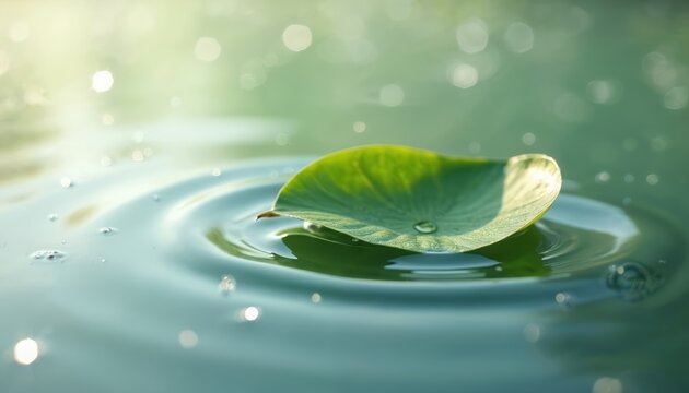 Single green leaf floats on still water surface. Sunlit leaf has water drop. Calm ripples spread outward from floating plant. Soft background blur.