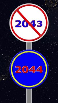 2043 No Entry and Coming 2044 new Year Comparison Road Sign Animation on Dark Background.