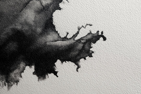 Abstract black ink bleed on textured white paper, artistic watercolor stain with splatters for minimalist background design