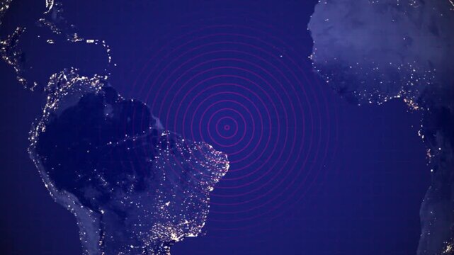 Global Radar Scanner Sweeping Over South America Map at Night Digital Radar Interface with Concentric Circles Over Earth Satellite View Data Localization and Tracking Motion Graphic.4k video.