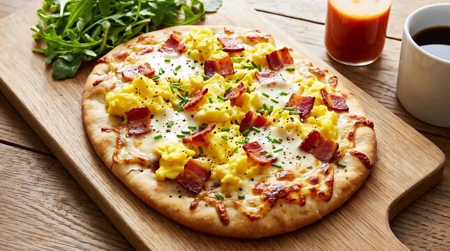 Savory breakfast pizza with scrambled eggs, bacon, and greens, a delicious morning meal. breakfast, eggs.