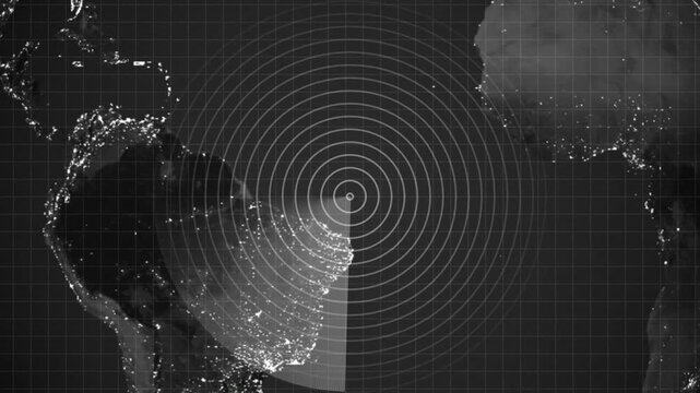 Global Radar Scanner Sweeping Over South America Map at Night Digital Radar Interface with Concentric Circles Over Earth Satellite View Data Localization and Tracking Motion Graphic.4k video.