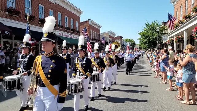 Vibrant parade march featuring a brass band and drumline moving down a picturesque small-town street lined with cheering spectators and American flags, symbolizing community, patriotism