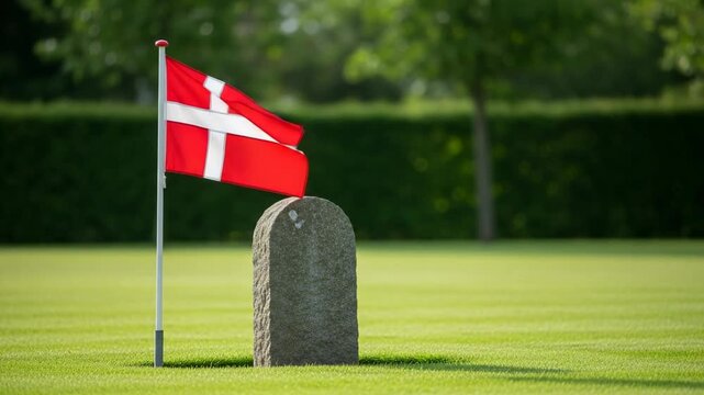 Danish flag Dannebrog next to a stone gravestone in a green cemetery for national remembrance day