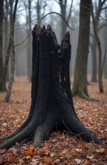 Blackened burnt tree stump stands in a forest on fallen autumn leaves. Rough texture of charred wood is visible. Nearby trees are blurred in fog creating a somber mood. Survival nature scene.