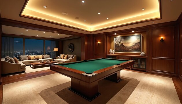Luxurious game room with pool table, seating, and city view. Ambient lighting, wood paneling creates cozy atmosphere. Perfect for leisure and entertainment.