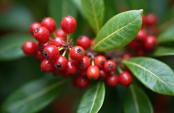 Close-up of vibrant red berries on a Brazilian peppertree branch. Rich green leaves surround the clusters of small fruits. This natural flora shows seasonal ripeness.