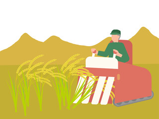 コンバインで稲を収穫する農業に従事するシニア男性のイラスト