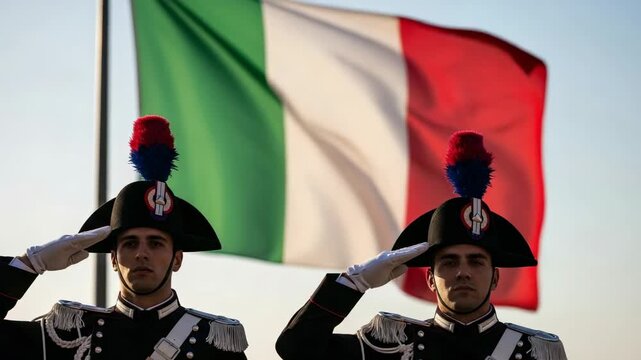 Two young Italian men in Carabinieri ceremonial uniform saluting before the national flag