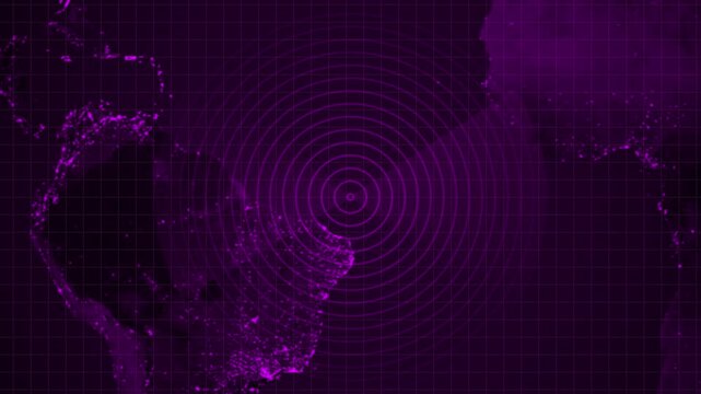Global Radar Scanner Sweeping Over South America Map at Night Digital Radar Interface with Concentric Circles Over Earth Satellite View Data Localization and Tracking Motion Graphic.4k video.