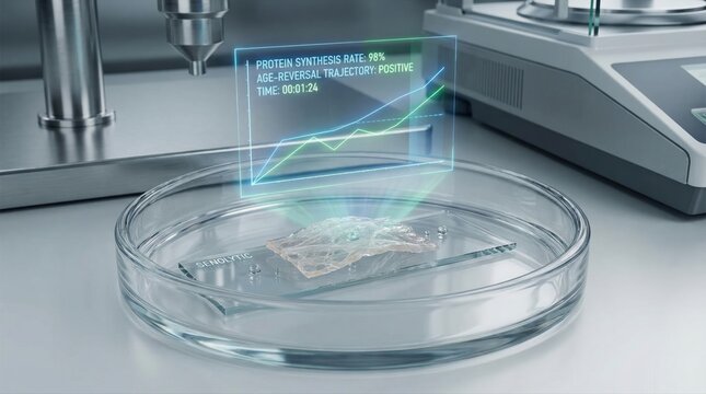 Senolytic Droplets Interacting with Bioengineered Tissue and Real Time Protein Synthesis Interface in Longevity Biotech Laboratory