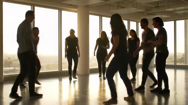 Diverse group of professionals participates in a dynamic team-building exercise with energetic movement and collaboration inside a modern office space bathed in natural light