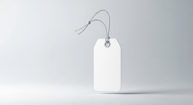 Blank white gift tag with twine string hanging on a light gray background mockup mokap images