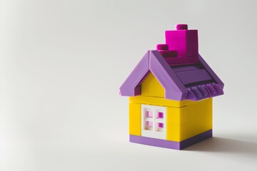 Fototapeta premium Purple and yellow LEGO house on white background UK home concept web banner copy space