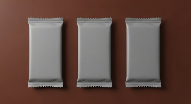 Three blank gray chocolate bar wrappers mockup on brown background mokap images