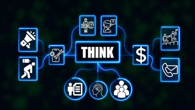 Think Network Security Concept with Neon Icons, Data Protection, Online Privacy and Secure Connection Technology Animation on Dark Background 4k video.