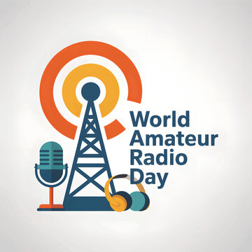 Amateur Radio Day with tower microphone, headphones, radio tower, orange and yellow circles design