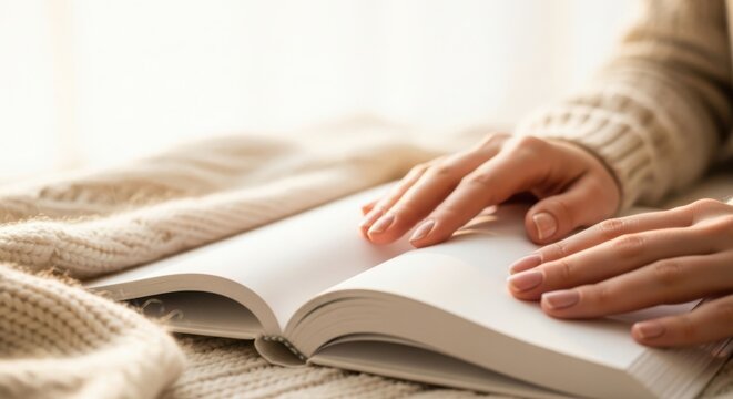 Person enjoying reading book with hands gently holding open pages, soft light illuminating blank book. Relaxed individual immersed in quiet activity, reading book at home.