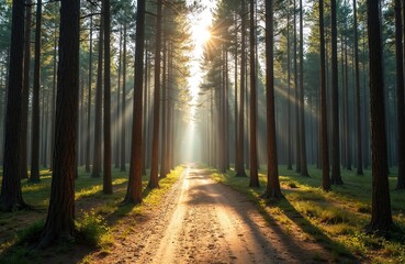 Obraz premium Sunlight streams through a young pine forest onto a sandy forest path. Rays of light create shadows on the ground near green grass and tree trunks.